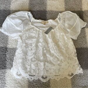 Anthropologie White Lace Puff Sleeve Blouse